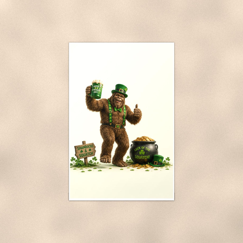 St Patrick’s Bigfoot — 24x36 in art print poster, premium luster paper with a white border; poster shown straight on against a warm wall.