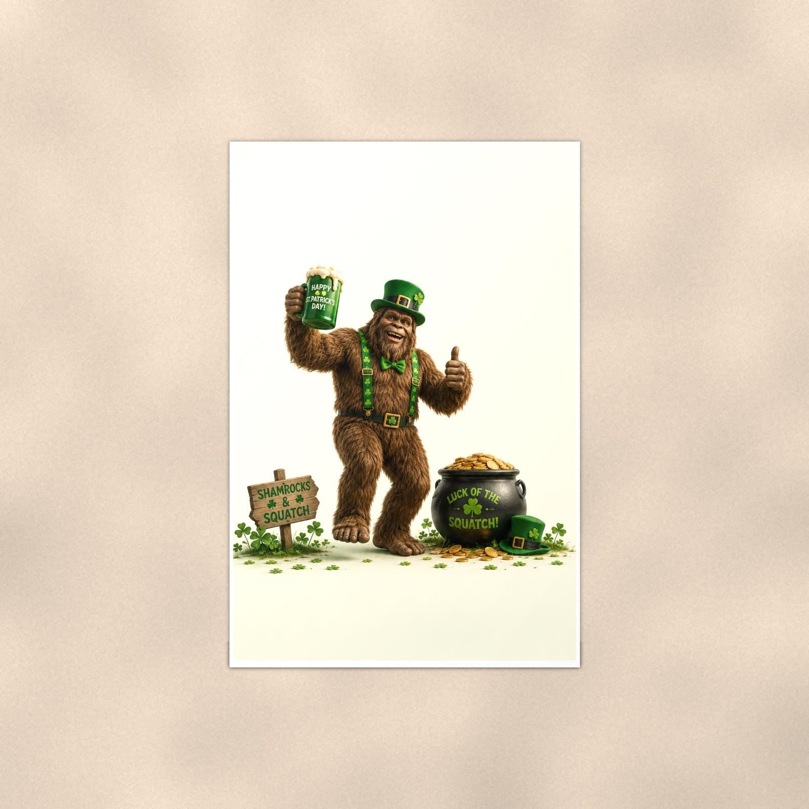 St Patrick’s Bigfoot — 24x36 in art print poster, premium luster paper with a white border; poster shown straight on against a warm wall.