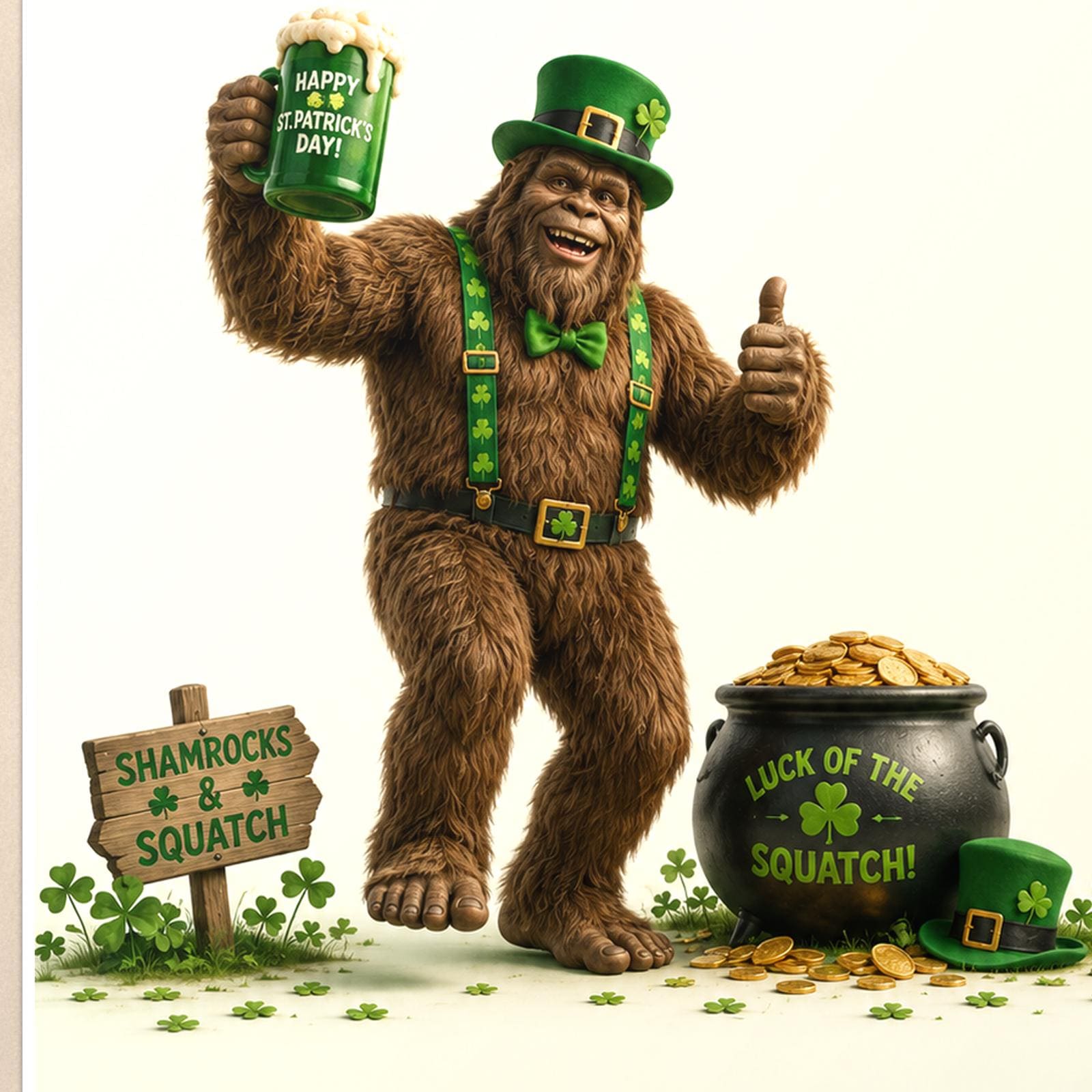 St Patrick’s Bigfoot — 24x36 in art print poster, premium luster paper with a white border; close-up framed on the main subject of the artwork, paper surface visible.