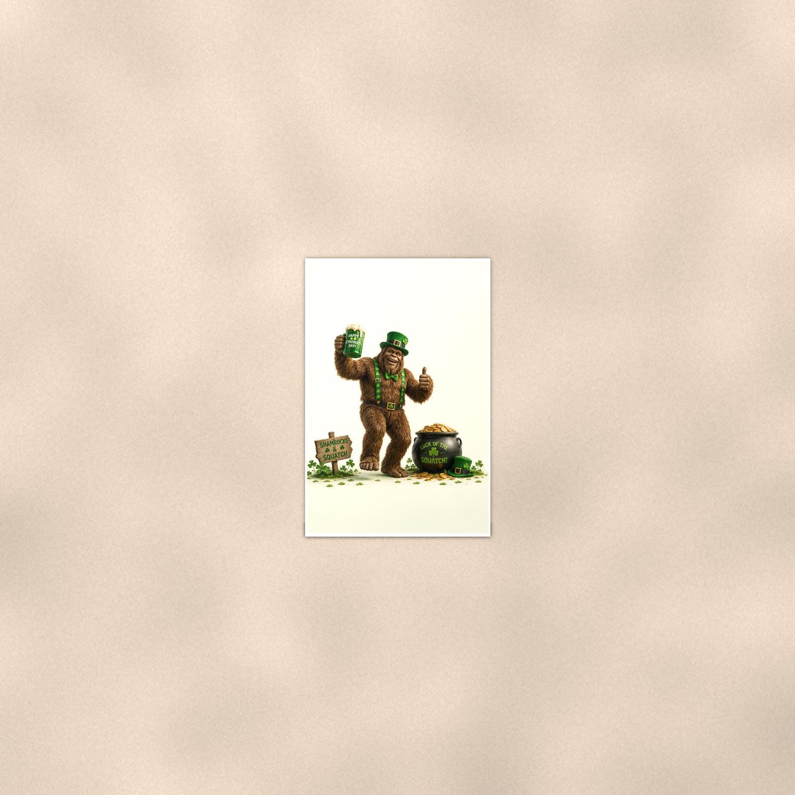 St Patrick’s Bigfoot — 24x36 in art print poster, premium luster paper with a white border; poster seen from further back, at true 24x36 in scale on a warm wall.
