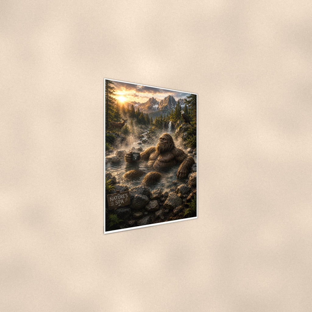 Misty Rocks Bigfoot — 24x36 in art print poster, premium luster paper with a white border; steeper three-quarter angle on a warm wall, catching the luster sheen.