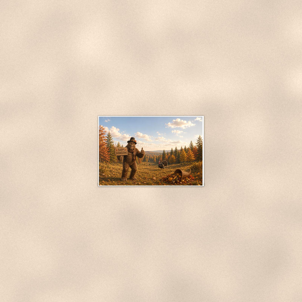 Thanksgiving Bigfoot — 36x24 in art print poster, premium luster paper with a white border; poster seen from further back, at true 24x36 in scale on a warm wall.