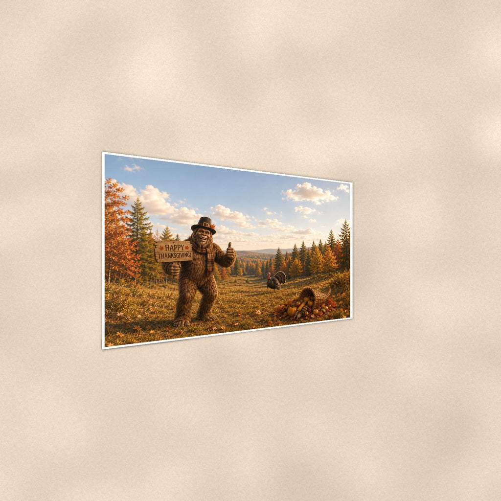 Thanksgiving Bigfoot — 36x24 in art print poster, premium luster paper with a white border; steeper three-quarter angle on a warm wall, catching the luster sheen.