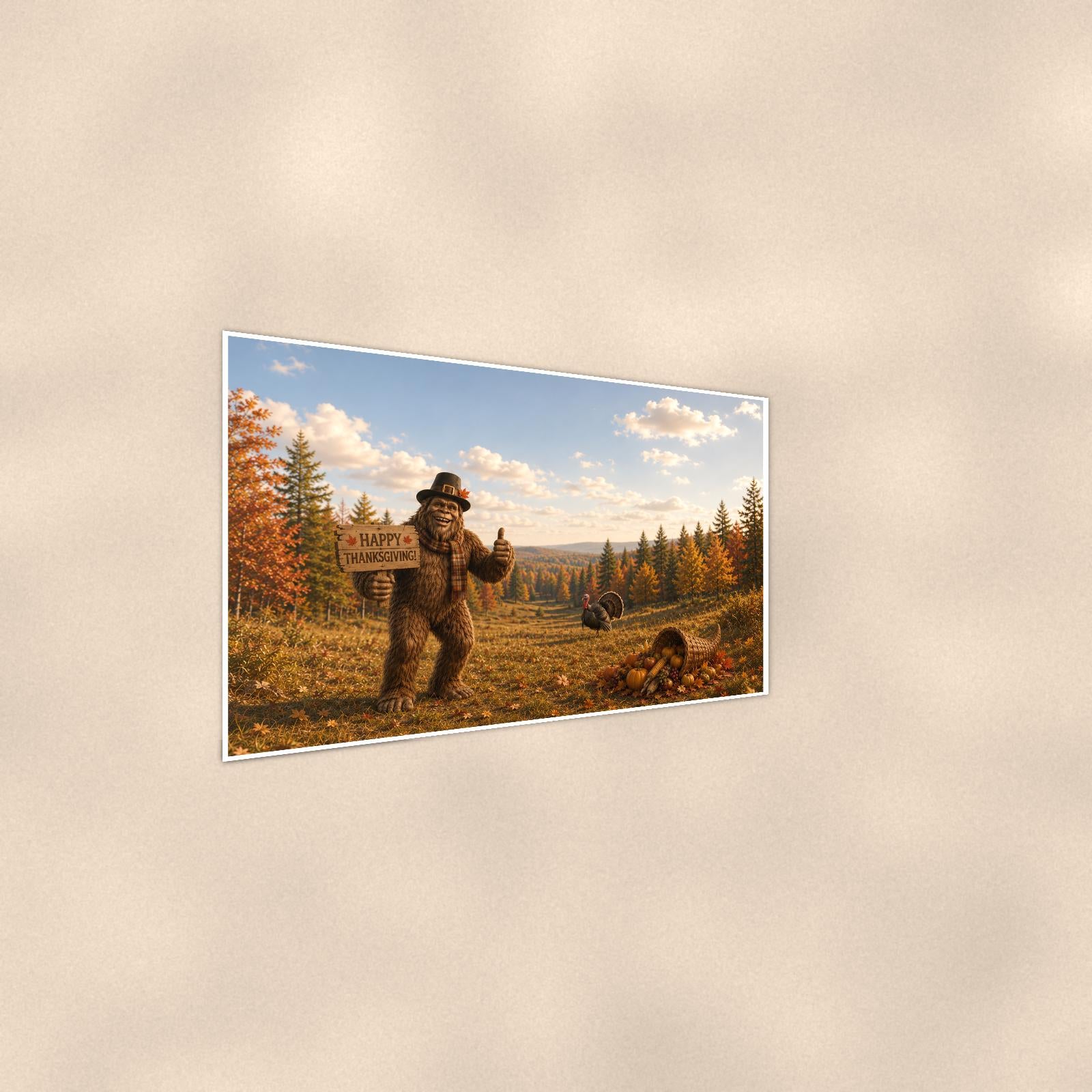 Thanksgiving Bigfoot — 36x24 in art print poster, premium luster paper with a white border; steeper three-quarter angle on a warm wall, catching the luster sheen.