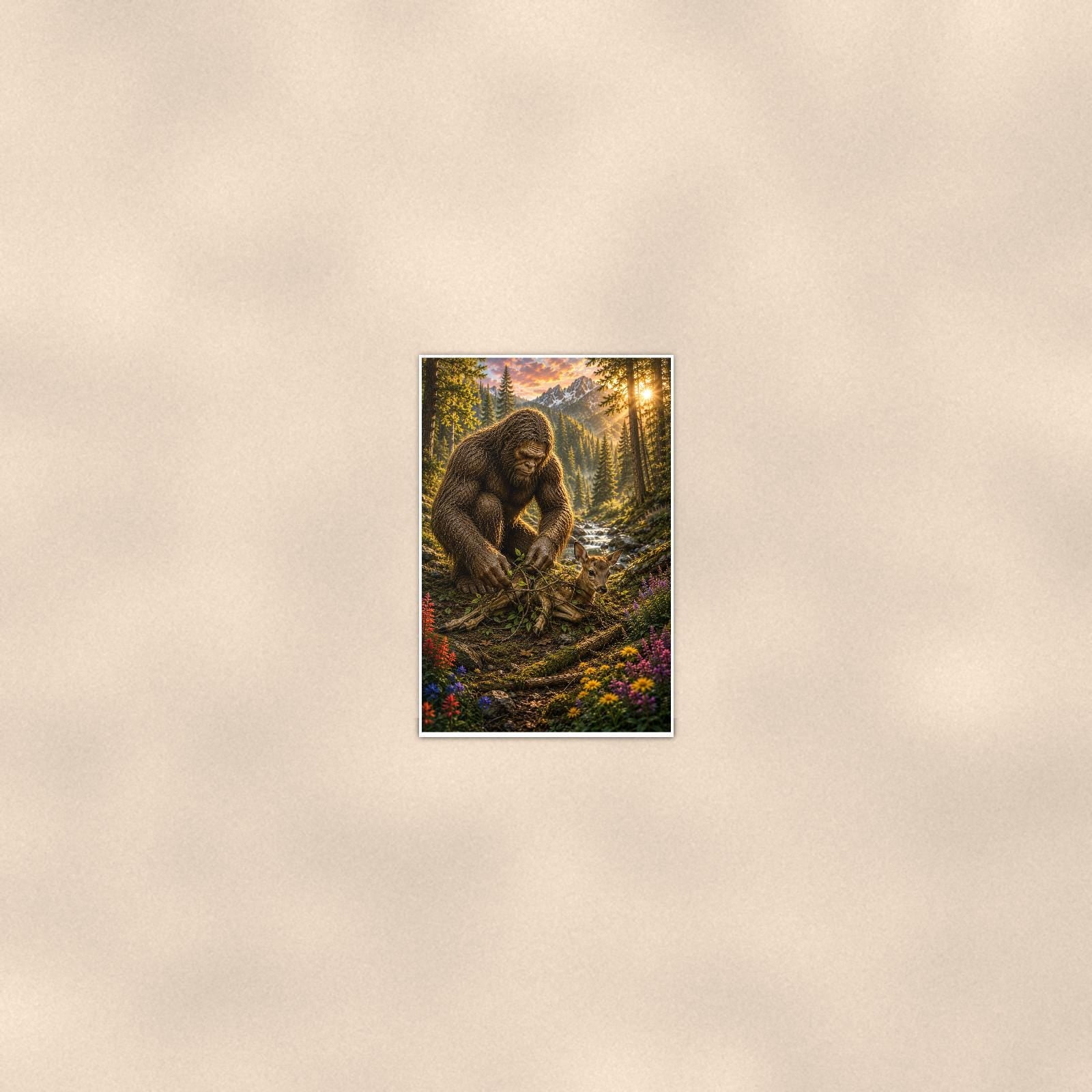 Gardener Bigfoot — 24x36 in art print poster, premium luster paper with a white border; poster seen from further back, at true 24x36 in scale on a warm wall.