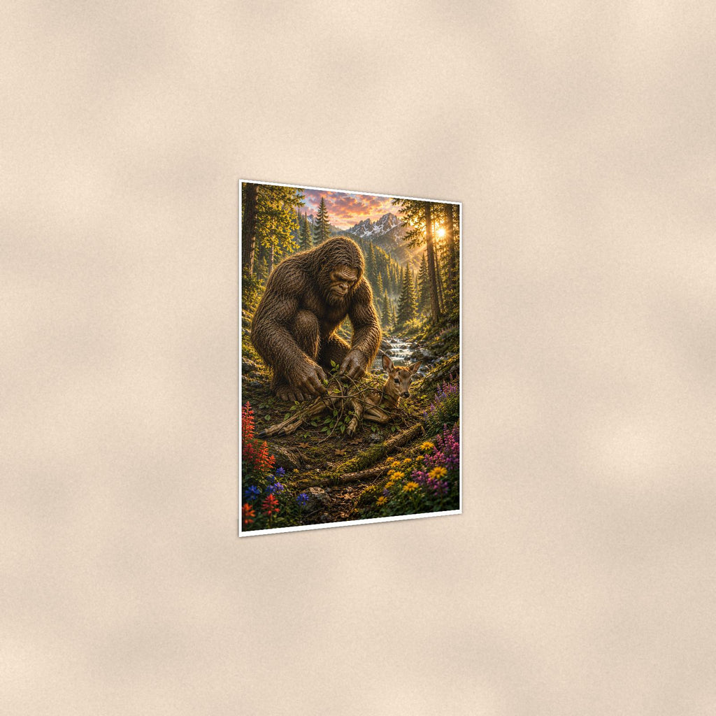 Gardener Bigfoot — 24x36 in art print poster, premium luster paper with a white border; gentle three-quarter angle on a warm wall, showing the flat paper edge.