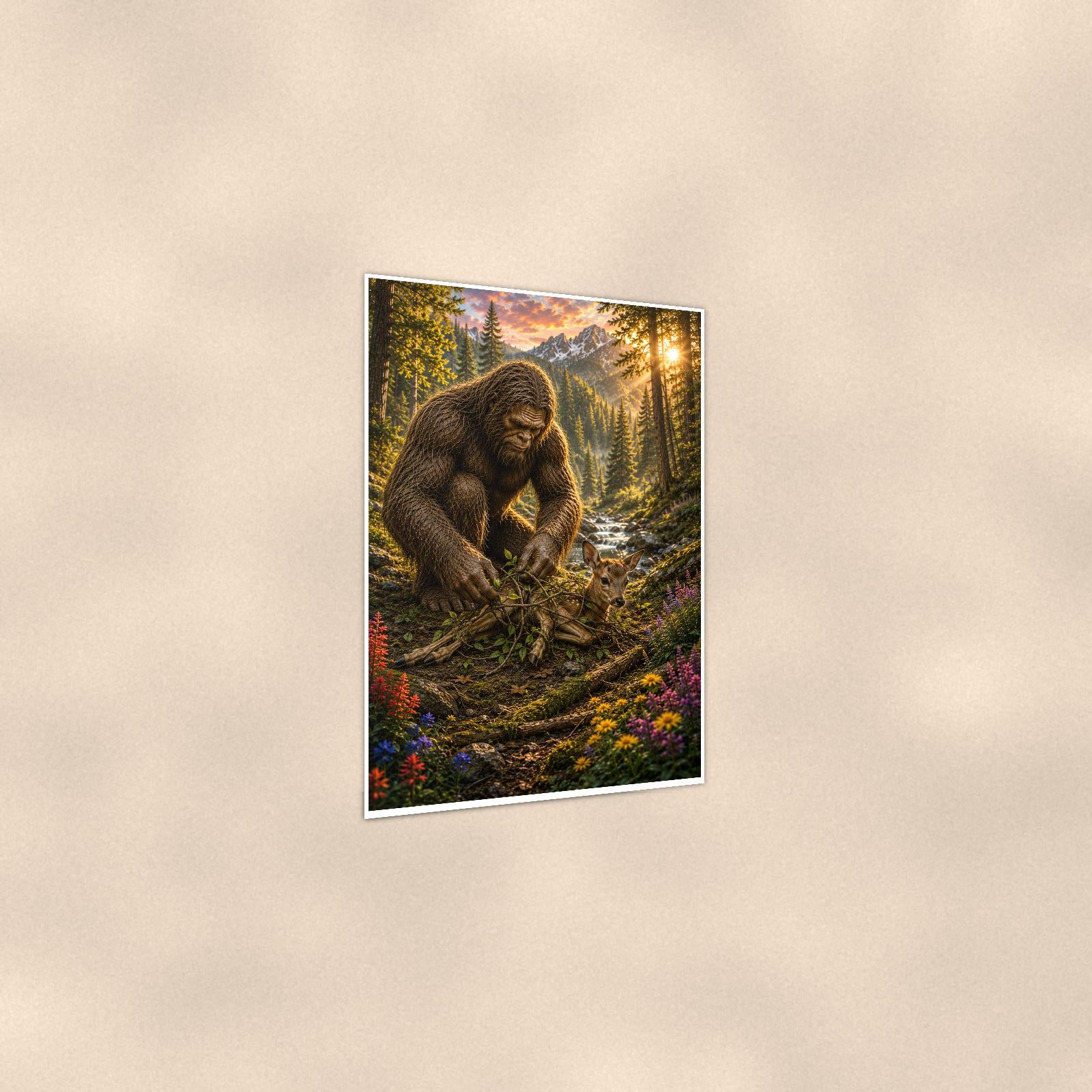 Gardener Bigfoot — 24x36 in art print poster, premium luster paper with a white border; gentle three-quarter angle on a warm wall, showing the flat paper edge.