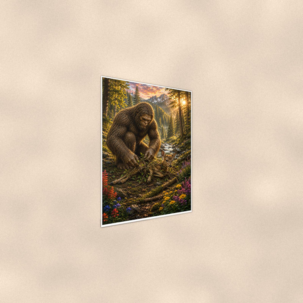 Gardener Bigfoot — 24x36 in art print poster, premium luster paper with a white border; steeper three-quarter angle on a warm wall, catching the luster sheen.
