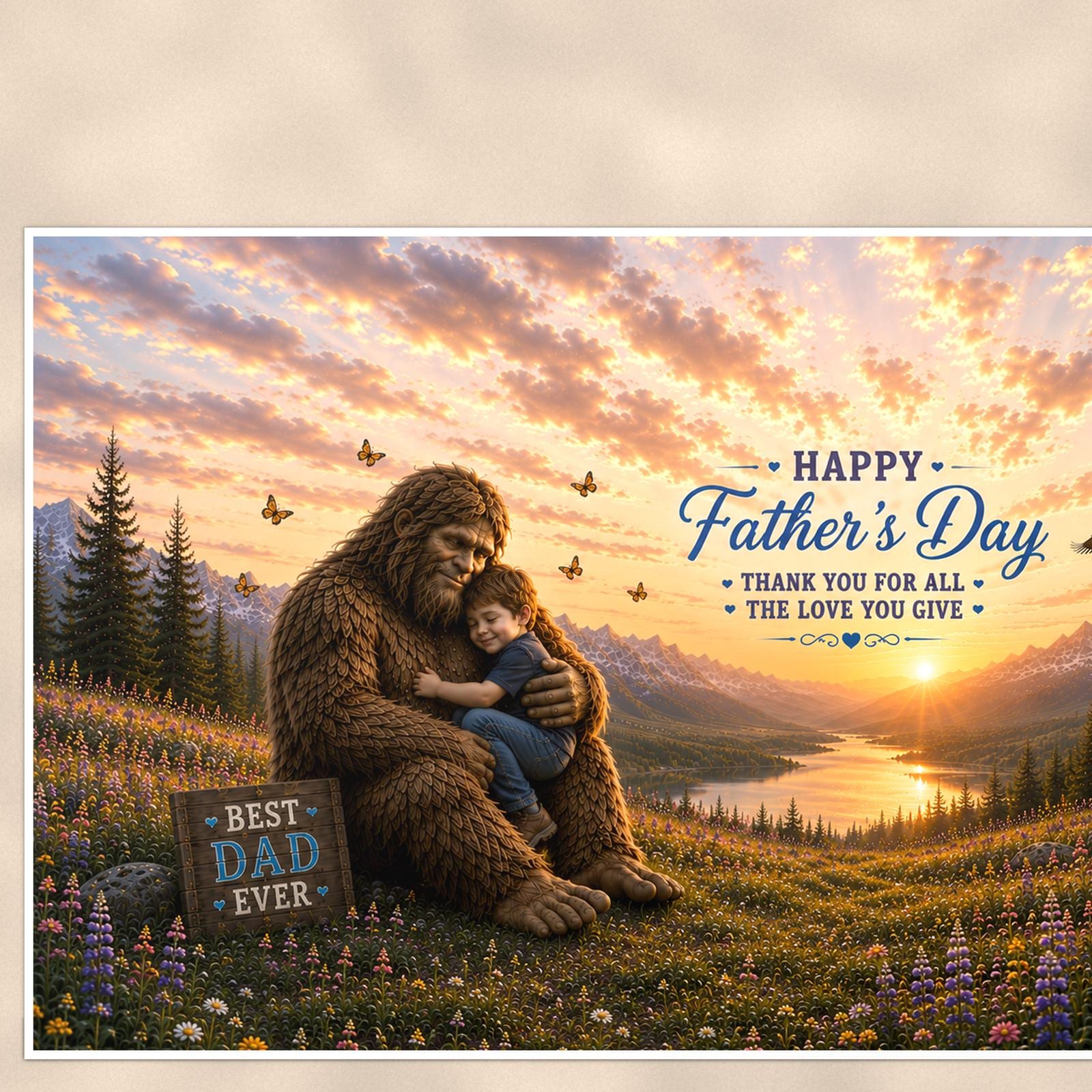 Father’s Day Bigfoot — 36x24 in art print poster, premium luster paper with a white border; close-up framed on the main subject of the artwork, paper surface visible.