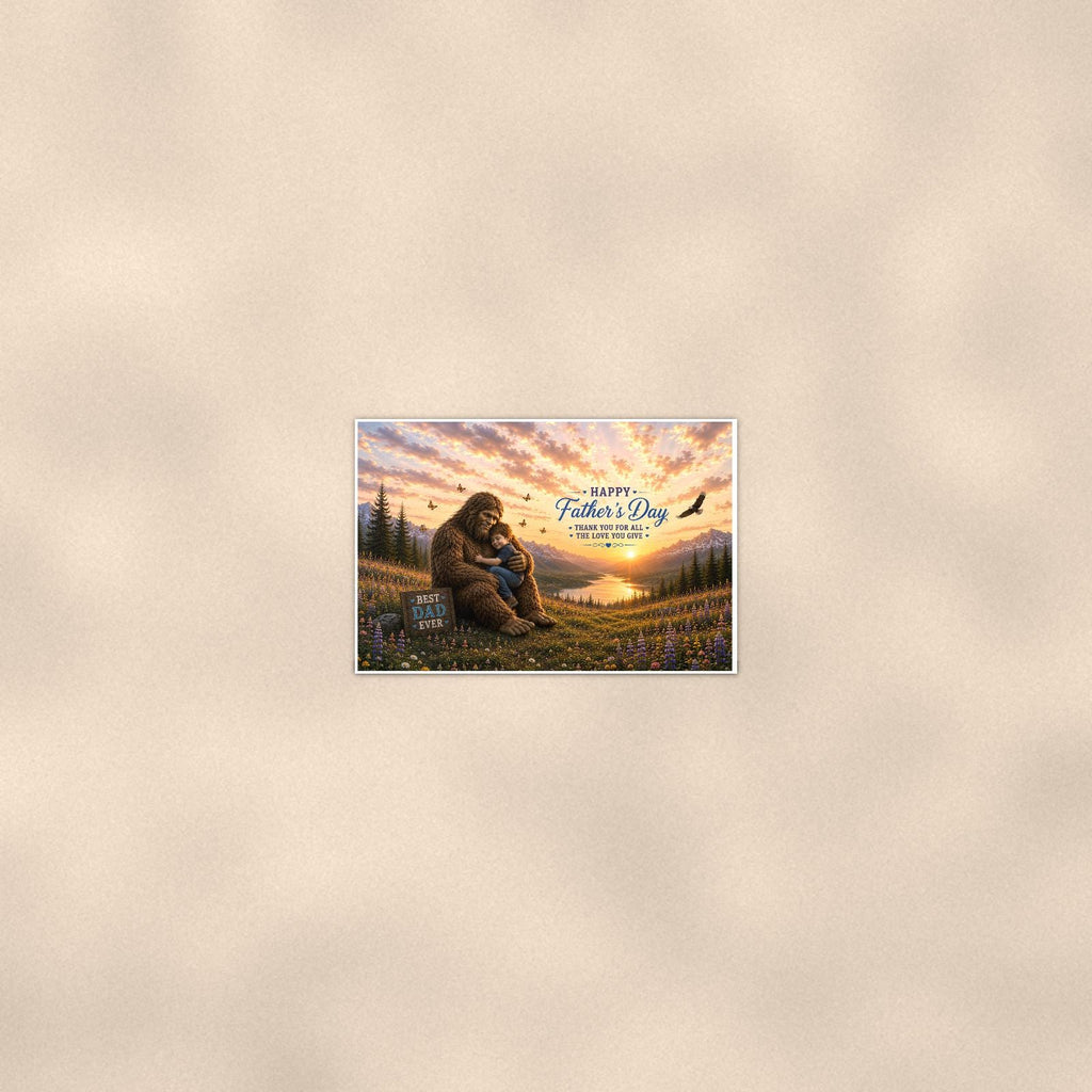 Father’s Day Bigfoot — 36x24 in art print poster, premium luster paper with a white border; poster seen from further back, at true 24x36 in scale on a warm wall.