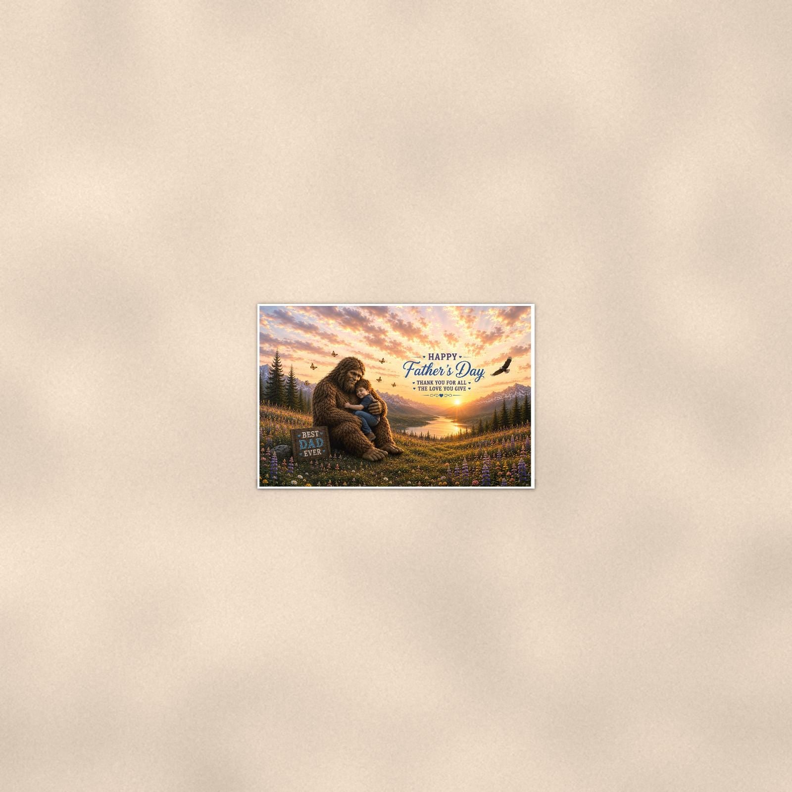 Father’s Day Bigfoot — 36x24 in art print poster, premium luster paper with a white border; poster seen from further back, at true 24x36 in scale on a warm wall.