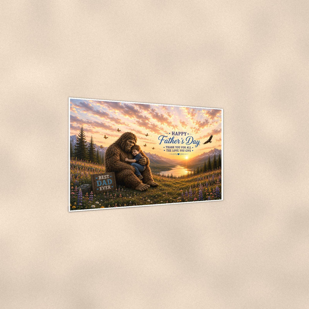 Father’s Day Bigfoot — 36x24 in art print poster, premium luster paper with a white border; gentle three-quarter angle on a warm wall, showing the flat paper edge.