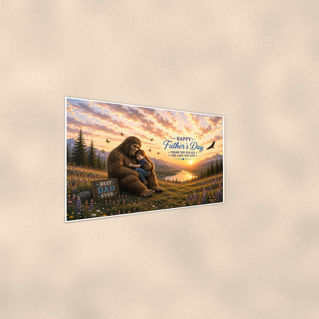 Father’s Day Bigfoot — 36x24 in art print poster, premium luster paper with a white border; steeper three-quarter angle on a warm wall, catching the luster sheen.