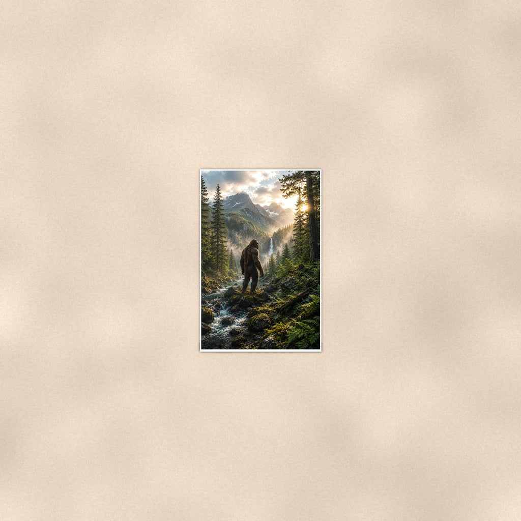 Waterfall Valley Bigfoot — 24x36 in art print poster, premium luster paper with a white border; poster seen from further back, at true 24x36 in scale on a warm wall.