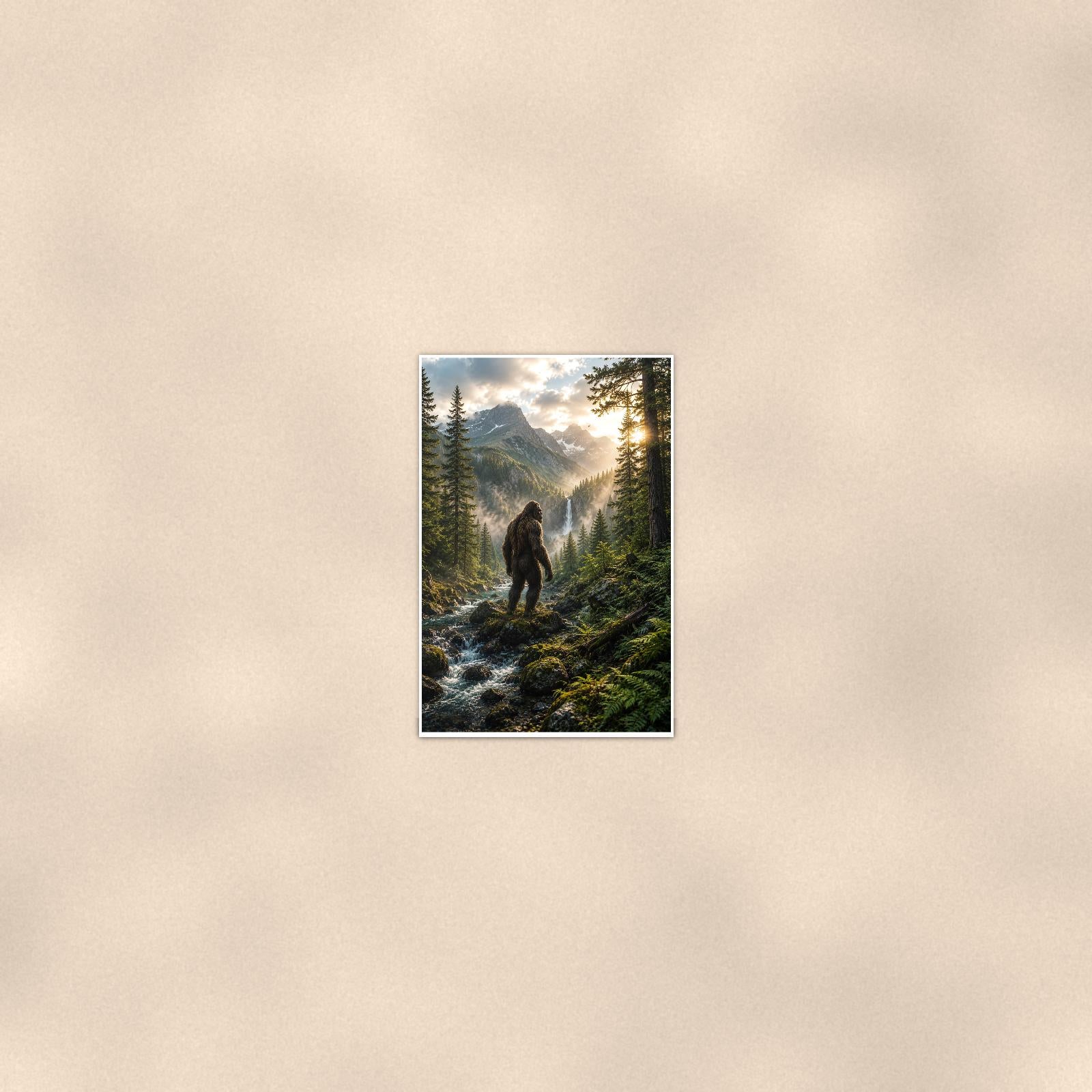 Waterfall Valley Bigfoot — 24x36 in art print poster, premium luster paper with a white border; poster seen from further back, at true 24x36 in scale on a warm wall.