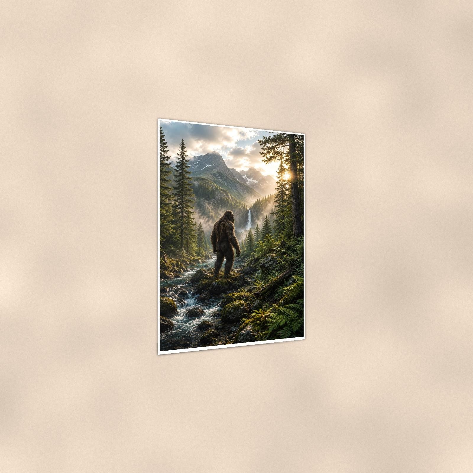 Waterfall Valley Bigfoot — 24x36 in art print poster, premium luster paper with a white border; gentle three-quarter angle on a warm wall, showing the flat paper edge.