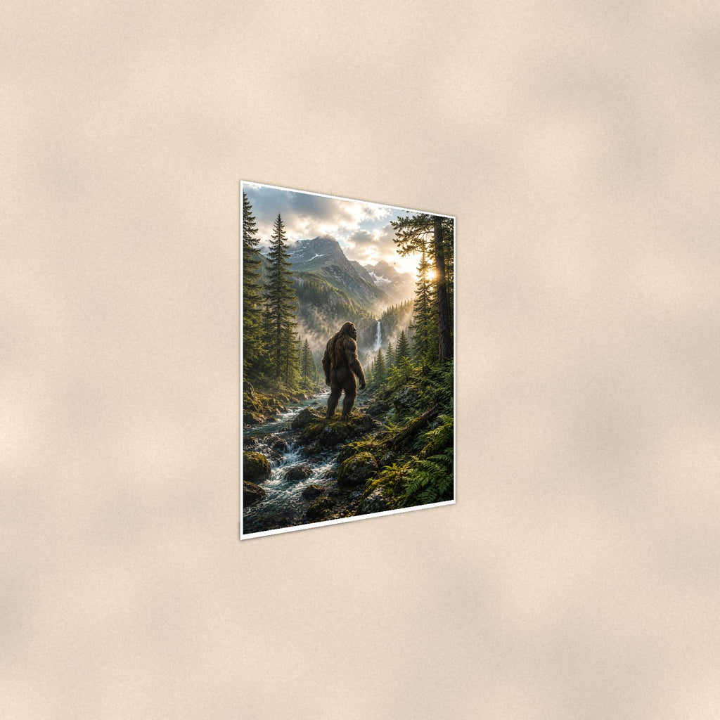 Waterfall Valley Bigfoot — 24x36 in art print poster, premium luster paper with a white border; steeper three-quarter angle on a warm wall, catching the luster sheen.