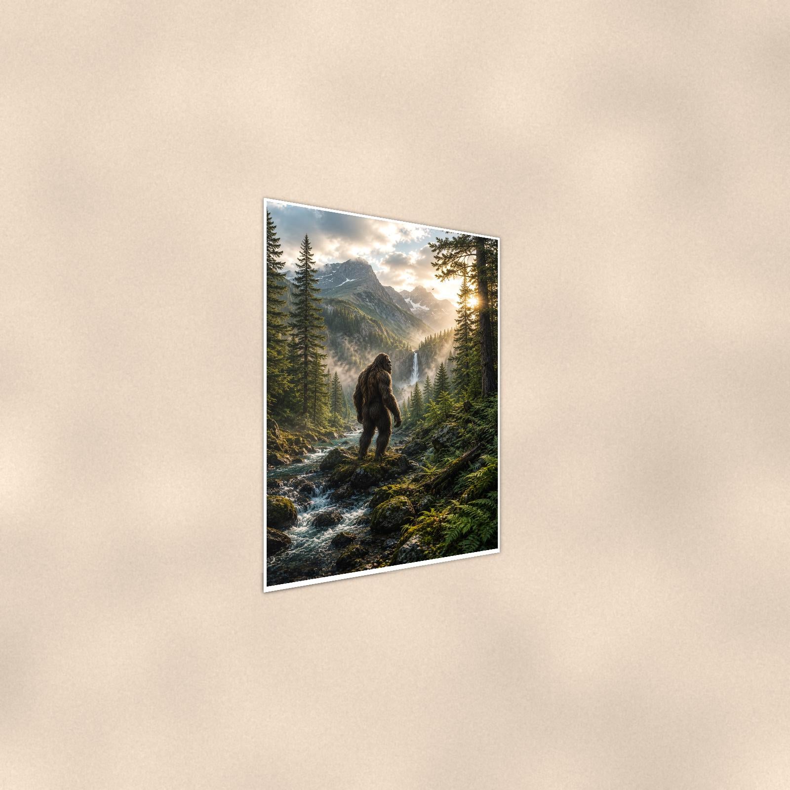 Waterfall Valley Bigfoot — 24x36 in art print poster, premium luster paper with a white border; steeper three-quarter angle on a warm wall, catching the luster sheen.