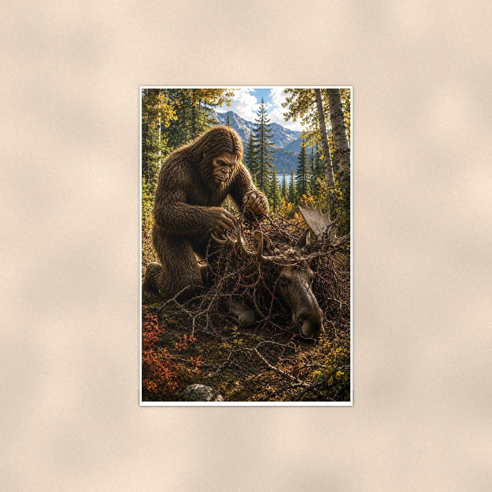 Forest Forager Bigfoot — 24x36 in art print poster, premium luster paper with a white border; poster shown straight on against a warm wall.
