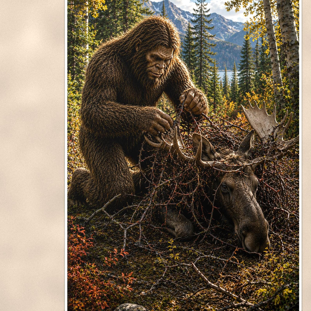 Forest Forager Bigfoot — 24x36 in art print poster, premium luster paper with a white border; close-up framed on the main subject of the artwork, paper surface visible.