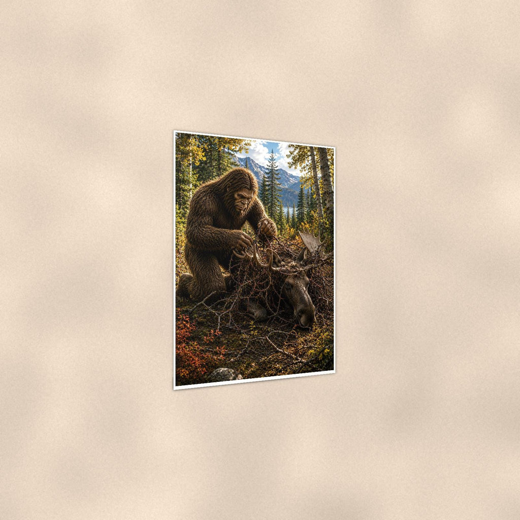 Forest Forager Bigfoot — 24x36 in art print poster, premium luster paper with a white border; gentle three-quarter angle on a warm wall, showing the flat paper edge.