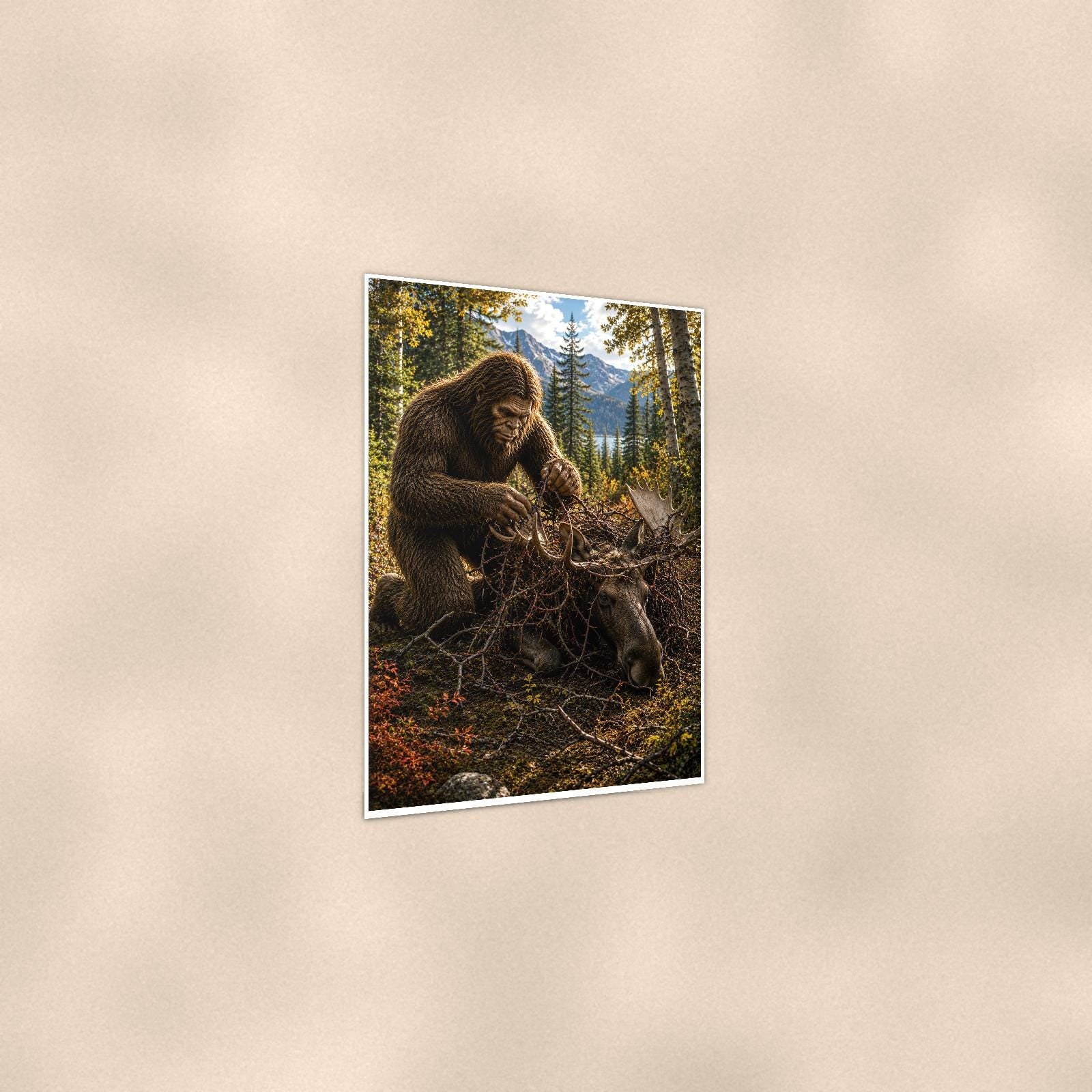 Forest Forager Bigfoot — 24x36 in art print poster, premium luster paper with a white border; gentle three-quarter angle on a warm wall, showing the flat paper edge.