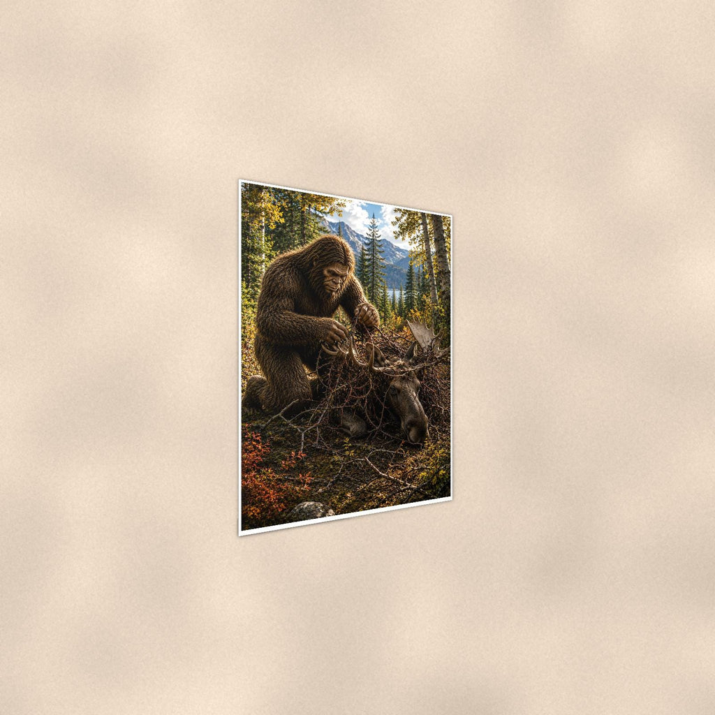 Forest Forager Bigfoot — 24x36 in art print poster, premium luster paper with a white border; steeper three-quarter angle on a warm wall, catching the luster sheen.