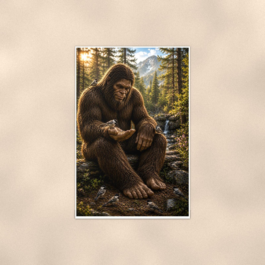 Gentle Giant Bigfoot — 24x36 in art print poster, premium luster paper with a white border; poster shown straight on against a warm wall.