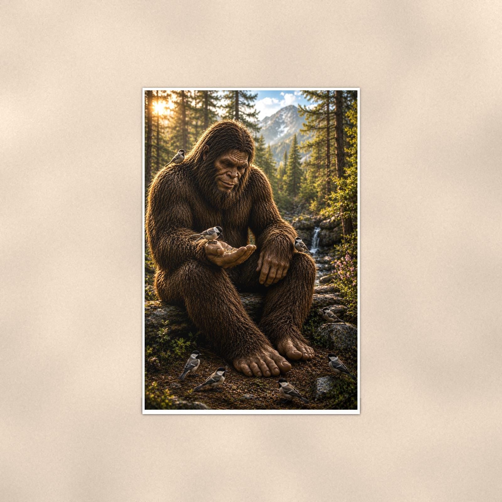 Gentle Giant Bigfoot — 24x36 in art print poster, premium luster paper with a white border; poster shown straight on against a warm wall.