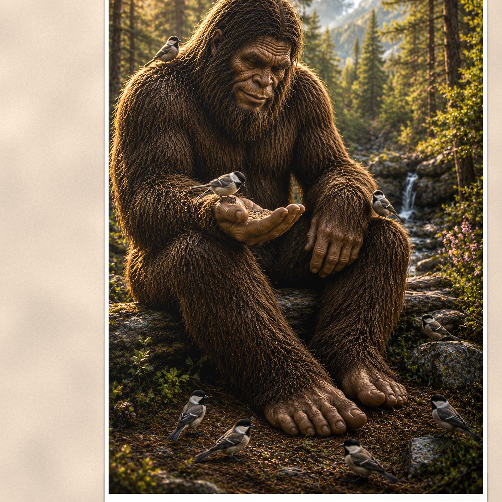 Gentle Giant Bigfoot — 24x36 in art print poster, premium luster paper with a white border; close-up framed on the main subject of the artwork, paper surface visible.