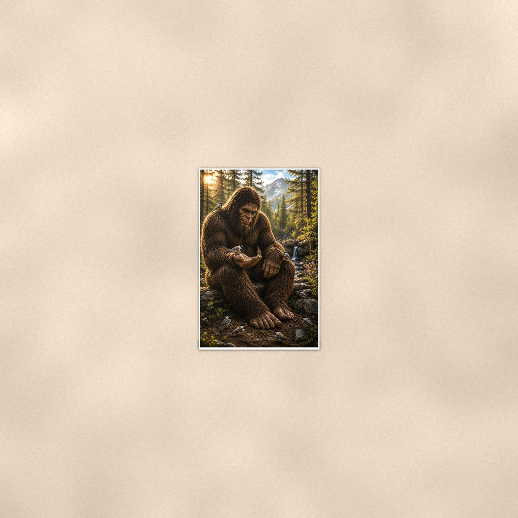 Gentle Giant Bigfoot — 24x36 in art print poster, premium luster paper with a white border; poster seen from further back, at true 24x36 in scale on a warm wall.