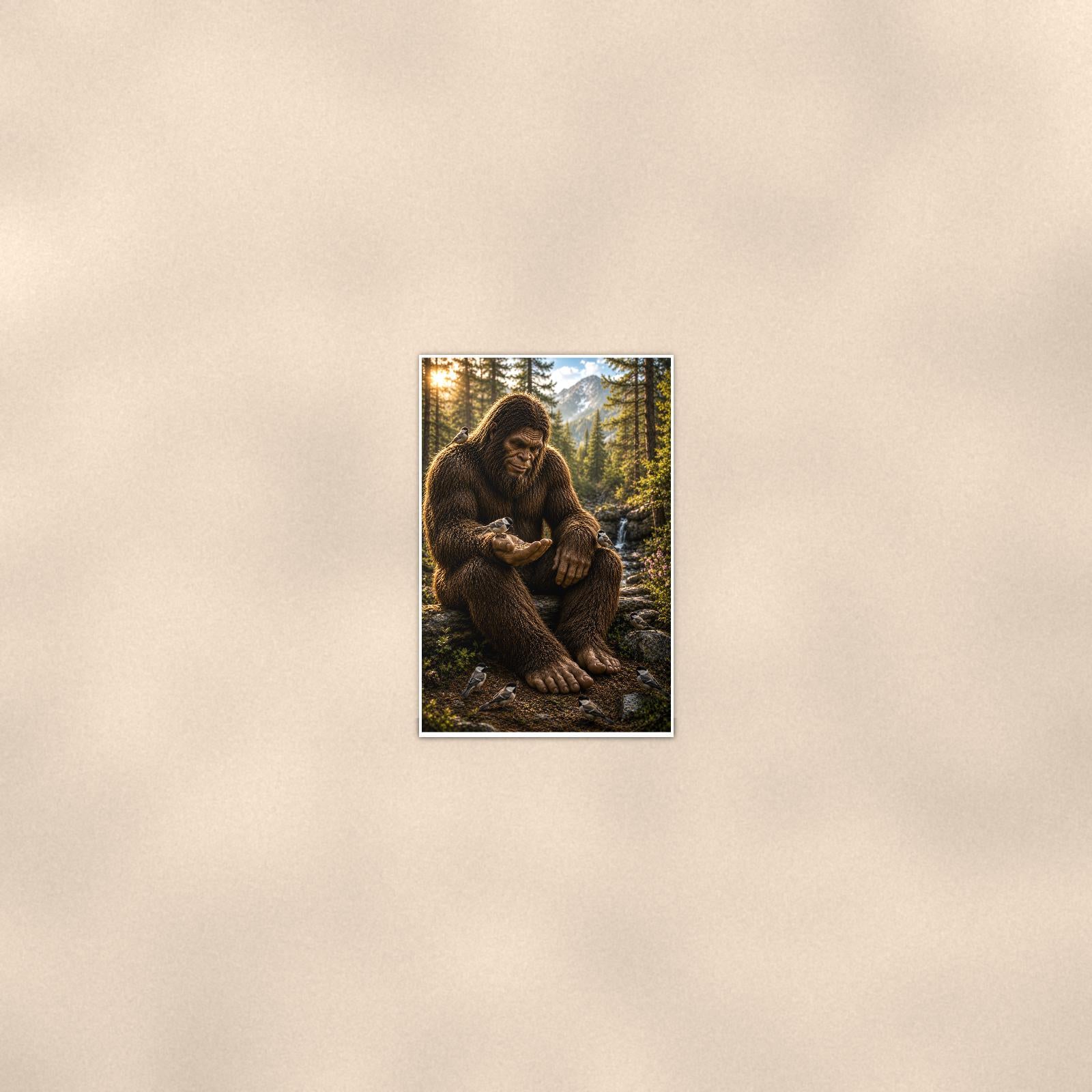 Gentle Giant Bigfoot — 24x36 in art print poster, premium luster paper with a white border; poster seen from further back, at true 24x36 in scale on a warm wall.