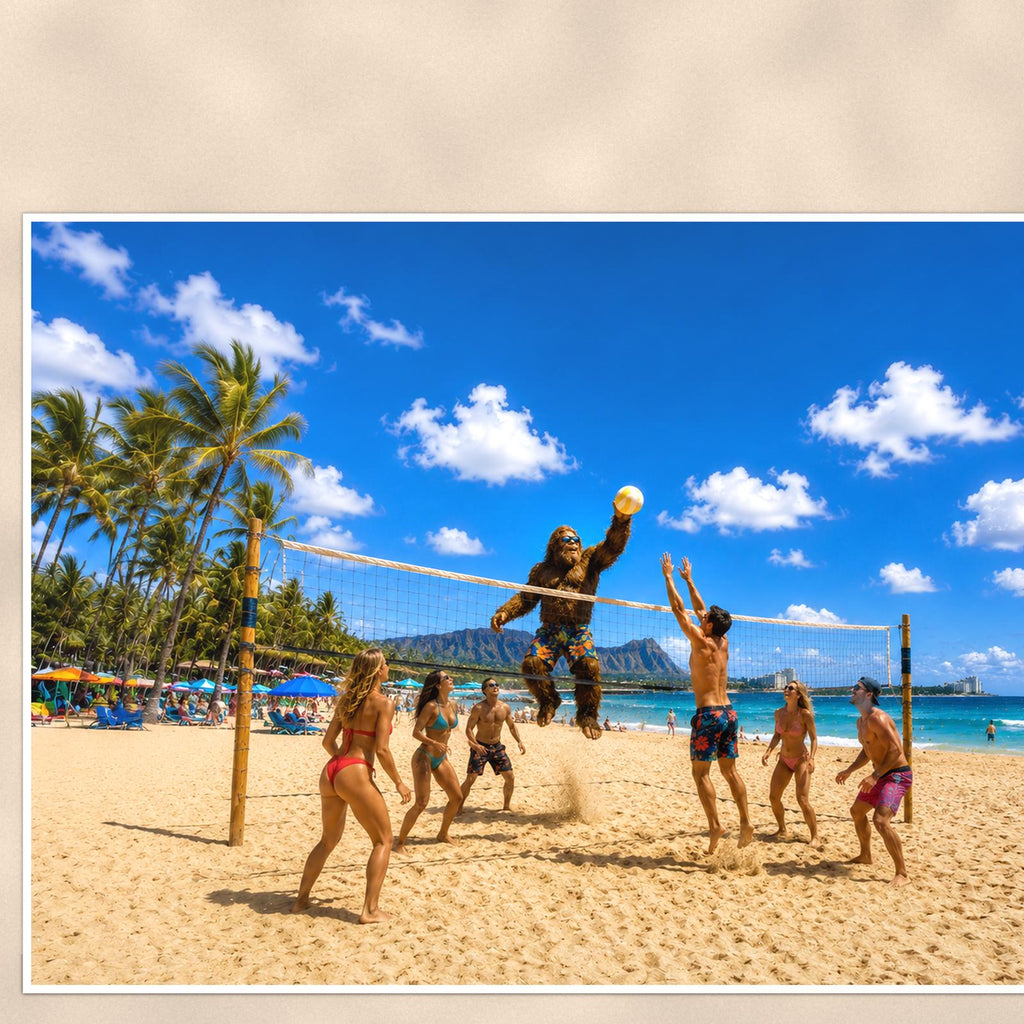 Beach Volleyball Bigfoot — 36x24 in art print poster, premium luster paper with a white border; close-up framed on the main subject of the artwork, paper surface visible.