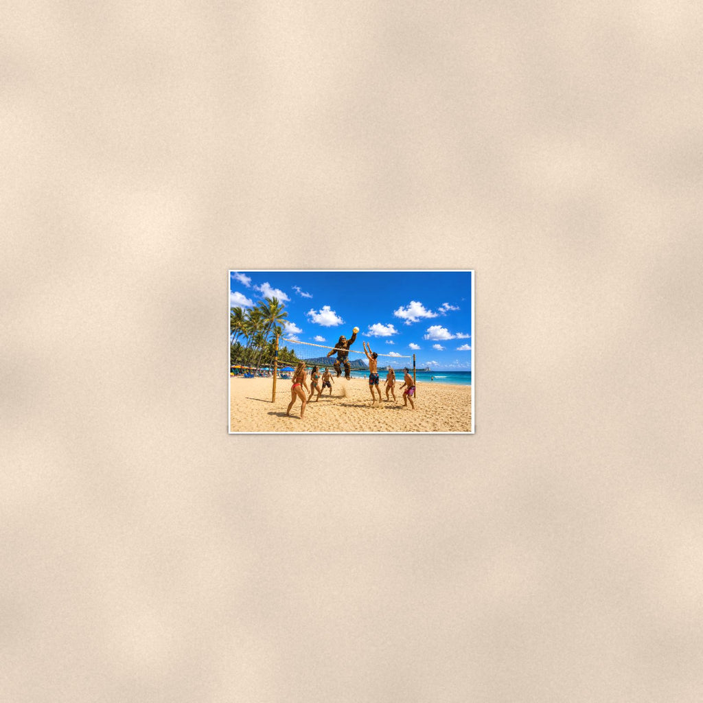 Beach Volleyball Bigfoot — 36x24 in art print poster, premium luster paper with a white border; poster seen from further back, at true 24x36 in scale on a warm wall.