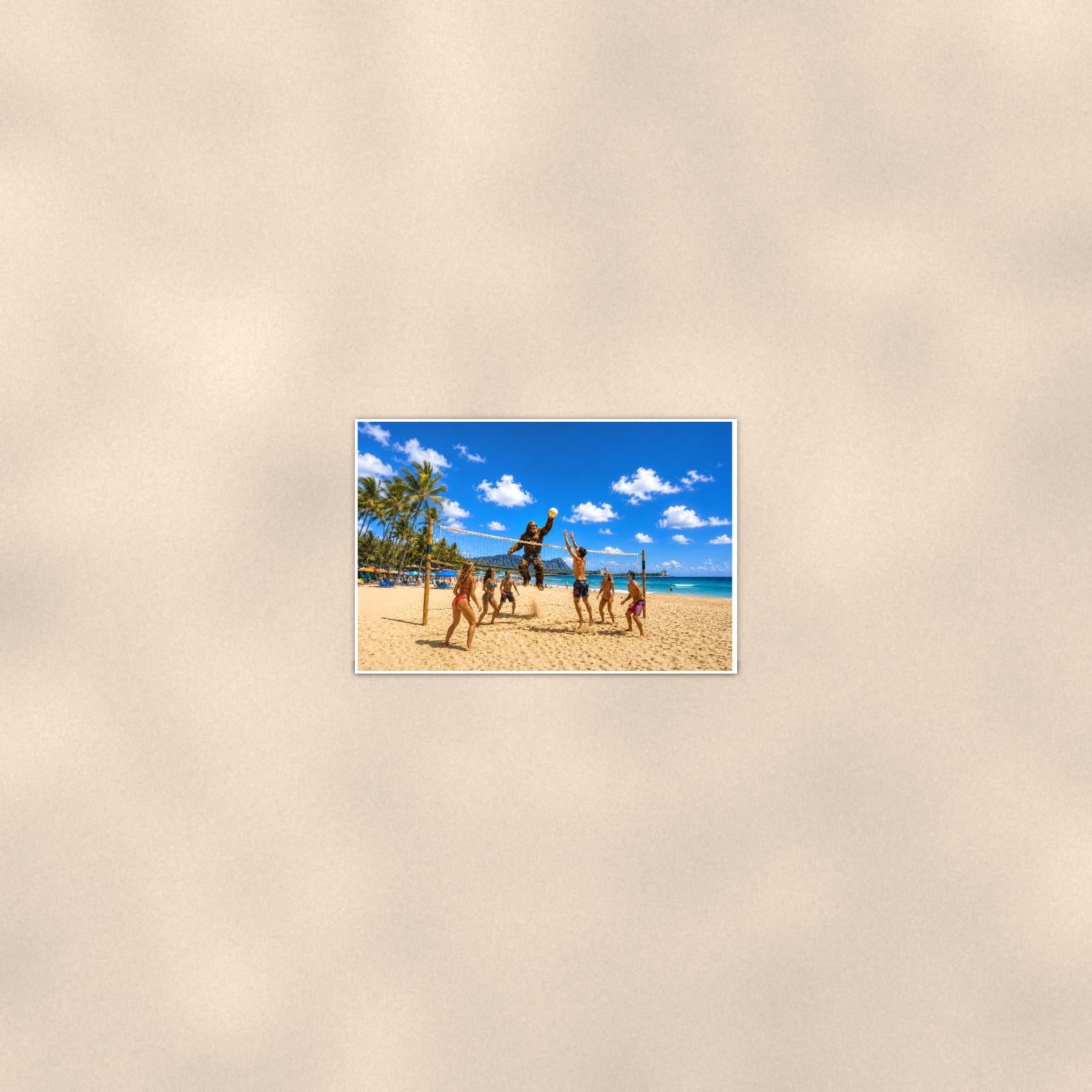 Beach Volleyball Bigfoot — 36x24 in art print poster, premium luster paper with a white border; poster seen from further back, at true 24x36 in scale on a warm wall.