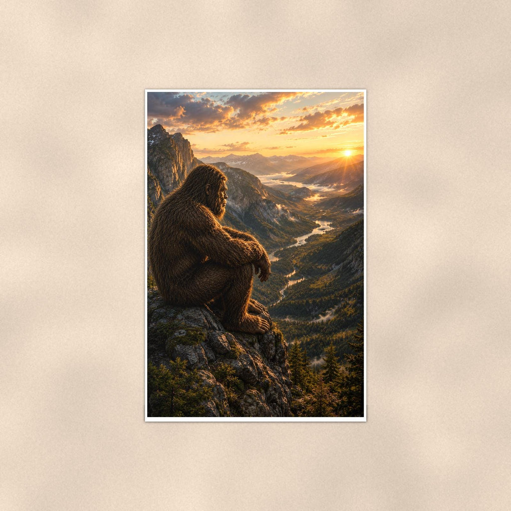 Mountain Overlook Bigfoot — 24x36 in art print poster, premium luster paper with a white border; poster shown straight on against a warm wall.