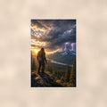 Storm Watcher Bigfoot — 24x36 in art print poster, premium luster paper with a white border; poster shown straight on against a warm wall.