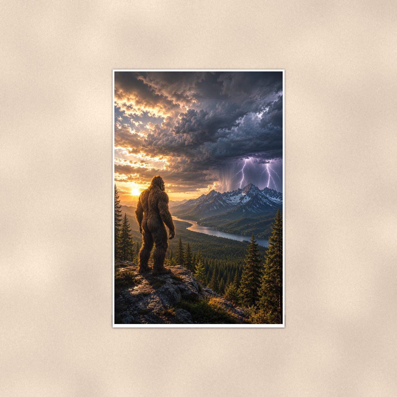 Storm Watcher Bigfoot — 24x36 in art print poster, premium luster paper with a white border; poster shown straight on against a warm wall.