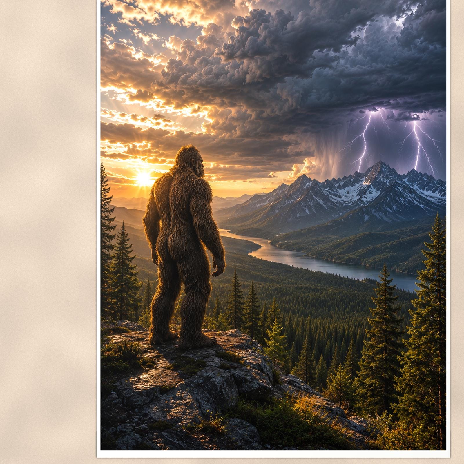 Storm Watcher Bigfoot — 24x36 in art print poster, premium luster paper with a white border; close-up framed on the main subject of the artwork, paper surface visible.