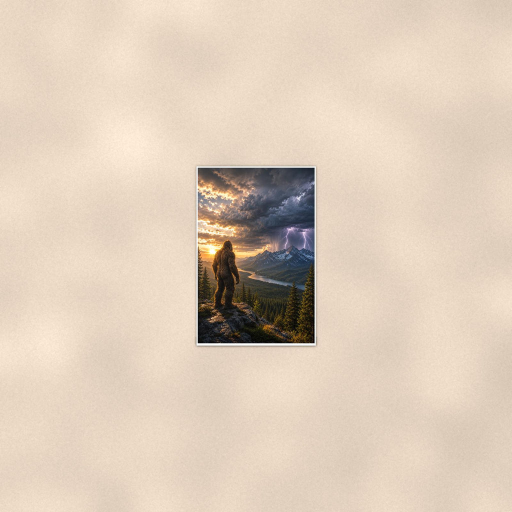 Storm Watcher Bigfoot — 24x36 in art print poster, premium luster paper with a white border; poster seen from further back, at true 24x36 in scale on a warm wall.