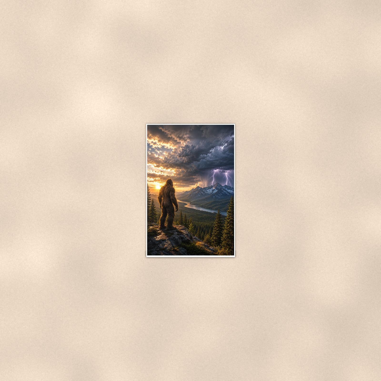 Storm Watcher Bigfoot — 24x36 in art print poster, premium luster paper with a white border; poster seen from further back, at true 24x36 in scale on a warm wall.