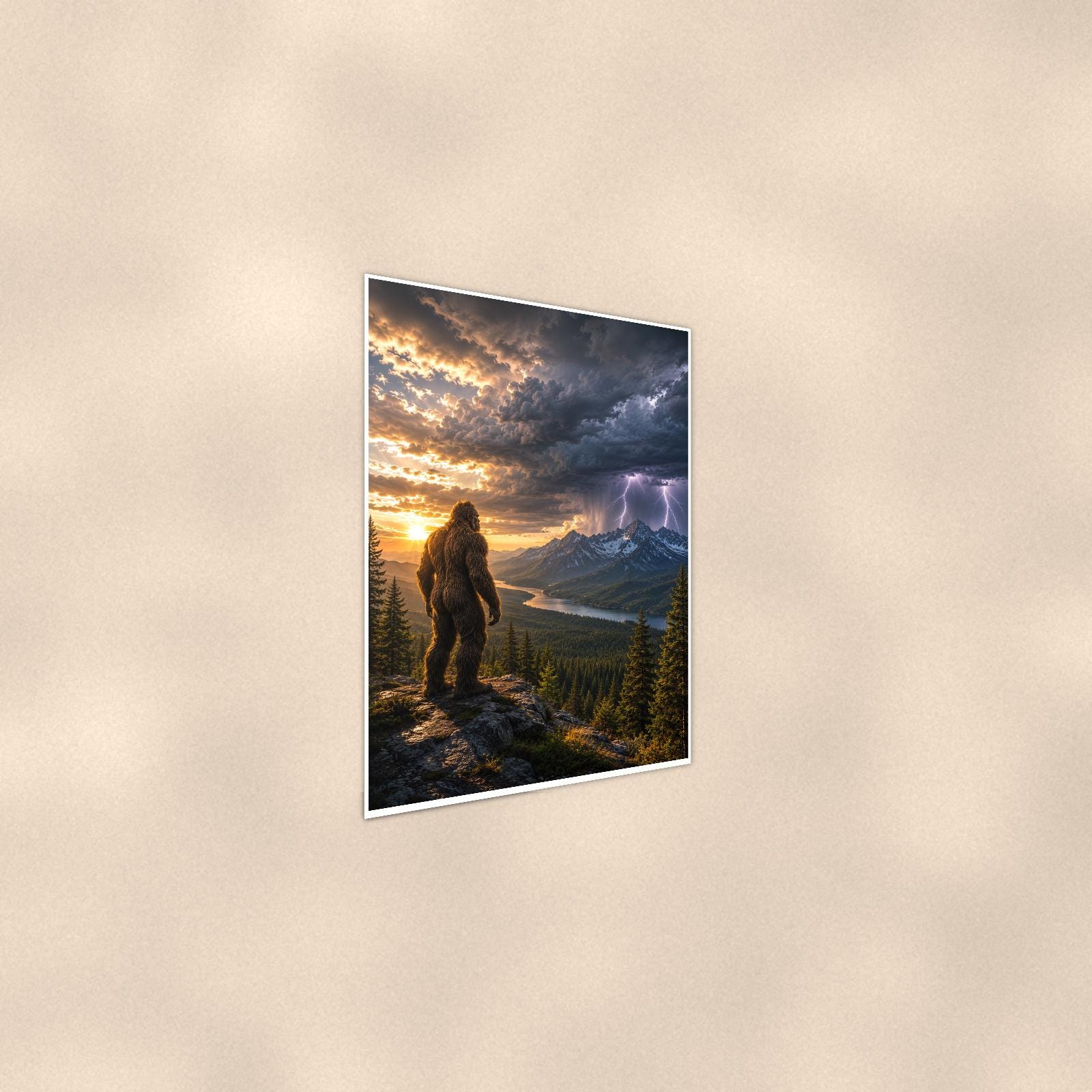 Storm Watcher Bigfoot — 24x36 in art print poster, premium luster paper with a white border; steeper three-quarter angle on a warm wall, catching the luster sheen.