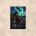 Wolf Pack Aurora Bigfoot — 24x36 in art print poster, premium luster paper with a white border; poster shown straight on against a warm wall.