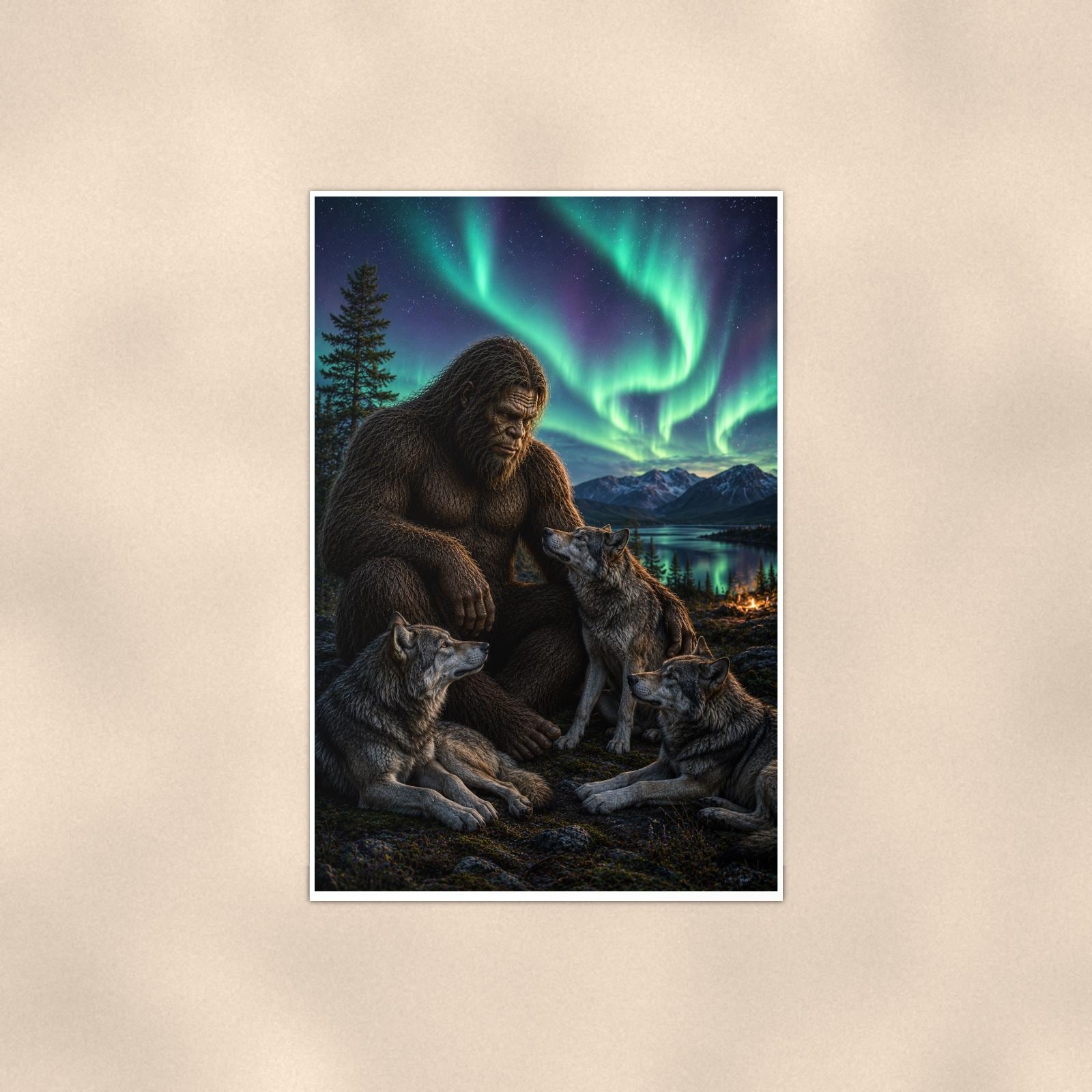 Wolf Pack Aurora Bigfoot — 24x36 in art print poster, premium luster paper with a white border; poster shown straight on against a warm wall.