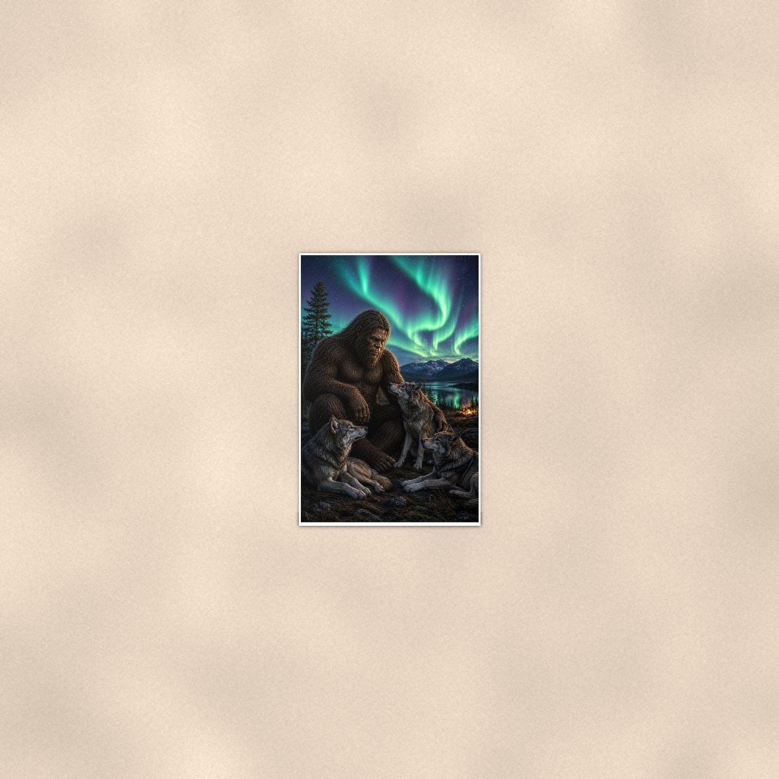 Wolf Pack Aurora Bigfoot — 24x36 in art print poster, premium luster paper with a white border; poster seen from further back, at true 24x36 in scale on a warm wall.