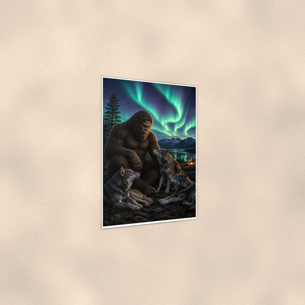 Wolf Pack Aurora Bigfoot — 24x36 in art print poster, premium luster paper with a white border; gentle three-quarter angle on a warm wall, showing the flat paper edge.