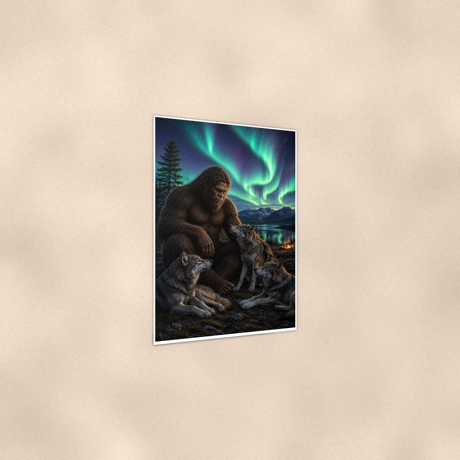 Wolf Pack Aurora Bigfoot — 24x36 in art print poster, premium luster paper with a white border; gentle three-quarter angle on a warm wall, showing the flat paper edge.