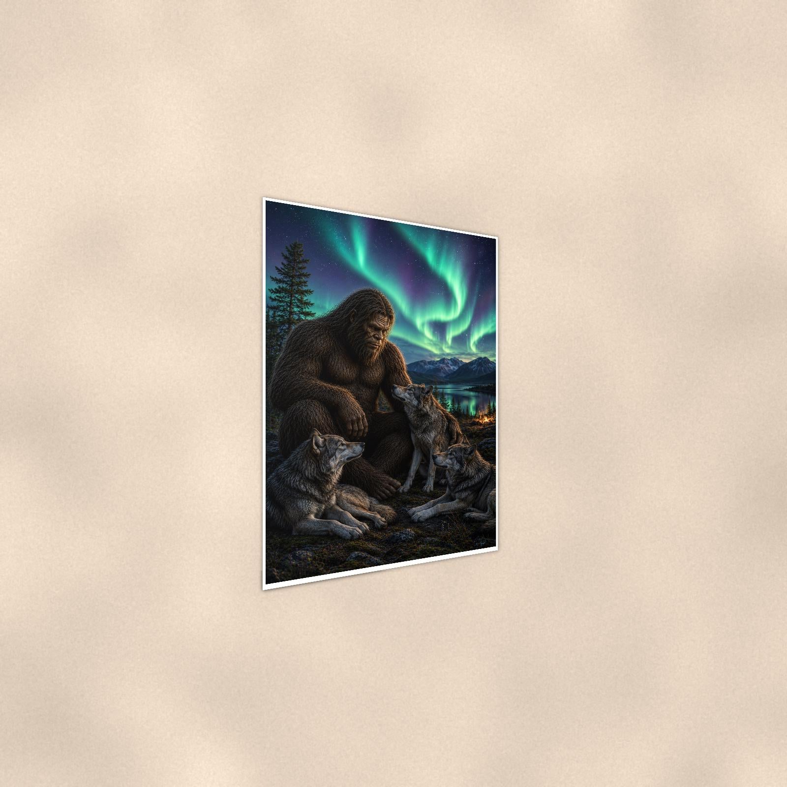 Wolf Pack Aurora Bigfoot — 24x36 in art print poster, premium luster paper with a white border; steeper three-quarter angle on a warm wall, catching the luster sheen.