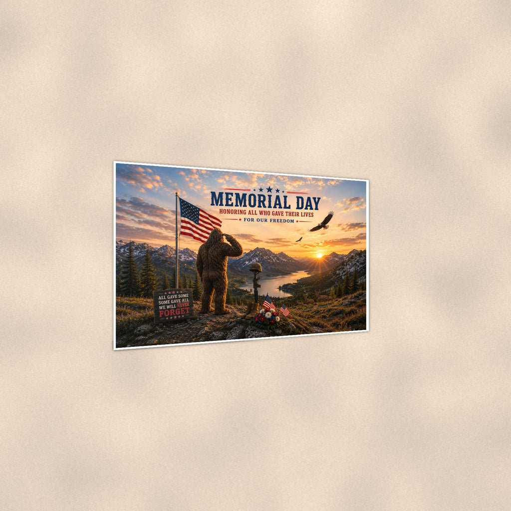 Memorial Day Bigfoot — 36x24 in art print poster, premium luster paper with a white border; gentle three-quarter angle on a warm wall, showing the flat paper edge.