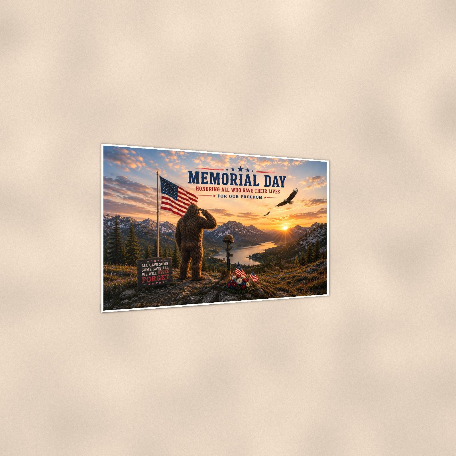 Memorial Day Bigfoot — 36x24 in art print poster, premium luster paper with a white border; gentle three-quarter angle on a warm wall, showing the flat paper edge.